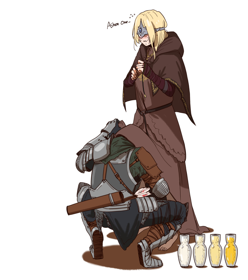 1boy 1girl absurdres armor armored_boots arrow_(projectile) ashen_one_(dark_souls) barefoot blindfold blonde_hair blush boots brown_dress brown_skirt capelet character_name crown dark_souls_(series) dark_souls_iii dress drinking_pee elbow_pads enpera estus_flask fire_keeper flying_sweatdrops full_armor gauntlets highres hood hood_down hooded_capelet huqu long_skirt long_sleeves pee quiver scarf simple_background skirt tiptoes under_skirt white_background