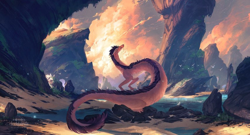animal_ears animal_focus artist_name blue_sky clockbirds cloud commentary commission dragon dragon_ears eastern_dragon english_commentary floating flock highres landscape making-of_available moss no_humans ocean original partially_feathered_tail photoshop_(medium) purple_tail rock shore simple_bird sky solo sunset watermark whiskers