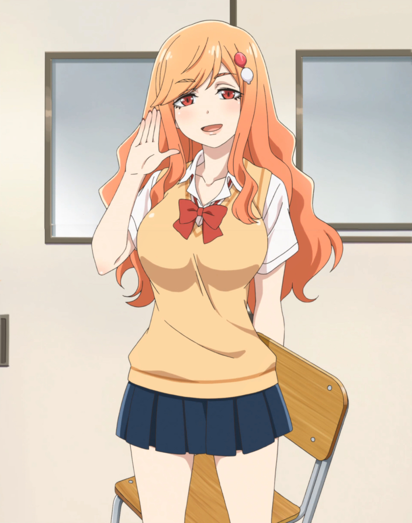 1girl absurdres breasts female_focus highres large_breasts nail_polish orange_hair red_eyes saki-chan_(tejina_senpai) school_uniform screencap skirt solo standing sweater tejina_senpai_(series)