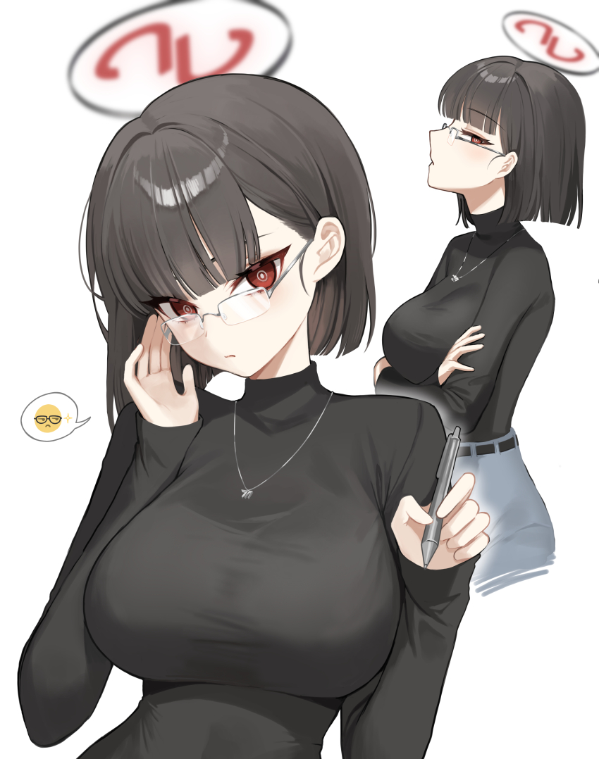 1girl absurdres adjusting_eyewear alternate_hairstyle arms_under_breasts black_hair black_halo black_sweater blue_archive blunt_bangs breasts bright_pupils crossed_arms ddungddang glasses halo hand_on_eyewear highres holding holding_pen jewelry large_breasts looking_at_viewer multicolored_halo multiple_views necklace pen red_eyes red_halo rio_(blue_archive) short_hair solo sweater turtleneck turtleneck_sweater two-tone_halo white_pupils