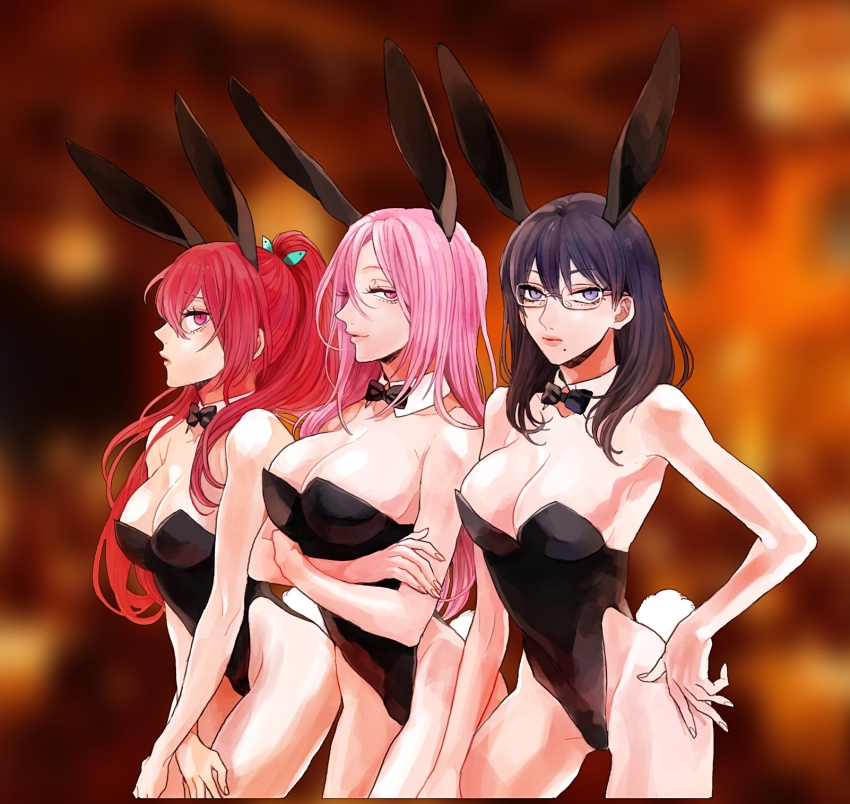 3girls animal_ears bare_legs black_hair blue_eyes bow bowtie breasts crossover detached_collar fake_animal_ears free! glasses haikyuu!! highres kuroko_no_basuke large_breasts leotard long_hair looking_at_viewer matsuoka_gou mole mole_under_mouth momoi_satsuki multiple_crossover multiple_girls pink_eyes pink_hair playboy_bunny ponytail rabbit_ears rabbit_tail red_eyes red_hair shimizu_kiyoko smile strapless strapless_leotard takashi_(calla)