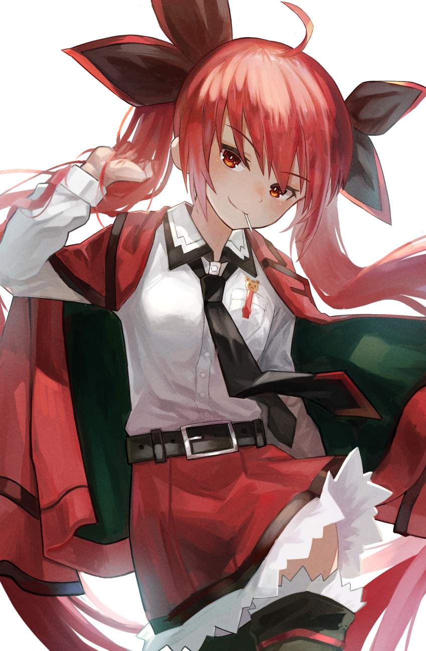 1girl absurdres belt black_belt black_necktie bow candy collared_shirt date_a_live food formal_clothes hair_bow highres hiragi_sage itsuka_kotori jacket lollipop looking_at_viewer necktie red_eyes red_hair red_jacket red_skirt shirt skirt suit twintails upper_body white_background