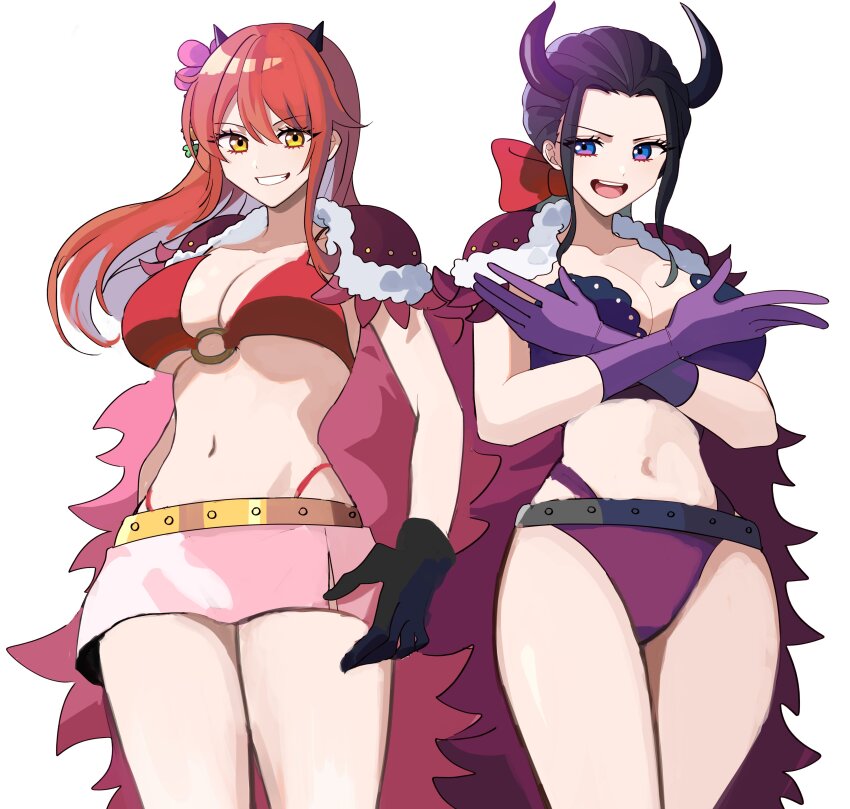 2girls absurdres armor beast_pirates_uniform belt bikini bikini_top_only black_gloves black_hair blue_eyes cape commentary cowboy_shot crossed_arms fake_horns fur_cape gloves hair_ribbon highres horns kasuga_kaya long_hair looking_at_viewer miniskirt multiple_girls nami_(one_piece) nami_(one_piece)_(onigashima) nico_robin nico_robin_(onigashima) o-ring one_piece orange_hair panties ponytail purple_bikini purple_cape purple_gloves purple_panties red_bikini red_ribbon ribbon shoulder_armor sidelocks simple_background skirt smile swimsuit underwear white_background yellow_eyes
