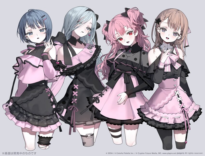 4girls :o arm_at_side arm_behind_back asymmetrical_bangs asymmetrical_legwear bare_shoulders black_bow black_flower black_thighhighs blue_eyes blue_hair bow bow_skirt braid brown_hair brown_nails buttons center_frills clothing_cutout collarbone commentary_request company_name copyright_notice cropped_legs cross-laced_clothes cross-laced_dress cross-laced_skirt cross-laced_slit detached_collar double-parted_bangs dress earrings flower frilled_dress frilled_shirt frilled_sleeves frilled_thigh_strap frills grey_background grey_eyes hair_behind_ear hair_between_eyes hair_bow hair_flower hair_ornament hair_over_one_eye halterneck hanasato_minori hand_ip head_tilt heart heart_button heart_earrings high-waist_skirt highres hinomori_shizuku jewelry jirai_kei karo_(karohroka) kiritani_haruka long_hair long_sleeves looking_at_viewer medium_hair miniskirt mole mole_under_mouth momoi_airi more_more_jump!_(project_sekai) multiple_girls nail_polish open_mouth pale_skin pink_bow pink_hair pink_ribbon pink_shirt pink_skirt project_sekai red_eyes ribbon ribbon-trimmed_dress ribbon-trimmed_skirt ribbon_trim ring shirt shirt_tucked_in short_dress short_hair shoulder_cutout simple_background single_braid single_off_shoulder skindentation skirt sleeve_bow smile teeth thigh_strap thighhighs two_side_up upper_teeth_only watermark web_address