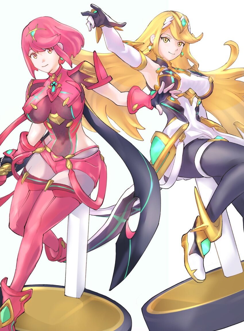 2girls amiibo breasts highres large_breasts multiple_girls mythra_(xenoblade) pyra_(xenoblade) ug333333 xenoblade_chronicles_(series) xenoblade_chronicles_2