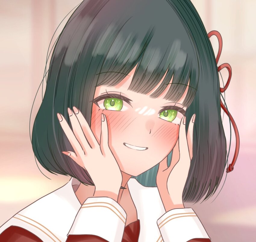 1girl black_hair blunt_bangs blunt_ends blurry blurry_background blush bob_cut brown_dress commentary dress flower_knot green_eyes grin hands_on_own_cheeks hands_on_own_face hashtag-only_commentary hasu_no_sora_school_uniform kosaki_03 link!_like!_love_live! long_sleeves looking_at_viewer love_live! momose_ginko portrait sailor_collar sailor_dress school_uniform short_hair smile solo virtual_youtuber white_sailor_collar winter_uniform