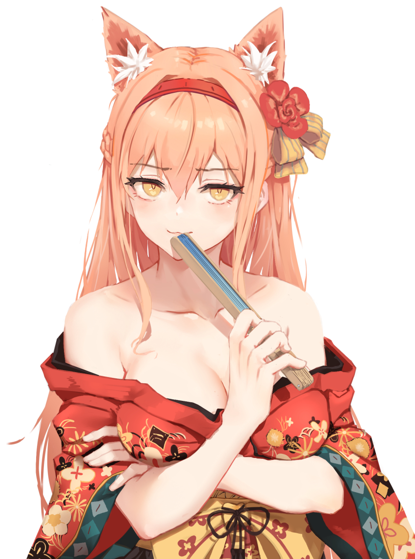 1girl animal_ear_fluff animal_ears bad_id bad_pixiv_id bare_shoulders blush bow breasts brown_bow brown_eyes brown_hair cleavage closed_mouth collarbone copyright_request floral_print flower folded_fan folding_fan greentree hair_between_eyes hair_bow hair_flower hair_ornament hairband hand_fan hand_up highres holding holding_fan japanese_clothes kimono long_hair medium_breasts off_shoulder print_kimono red_flower red_hairband red_kimono short_sleeves simple_background smile solo striped_bow upper_body white_background wide_sleeves yellow_bow