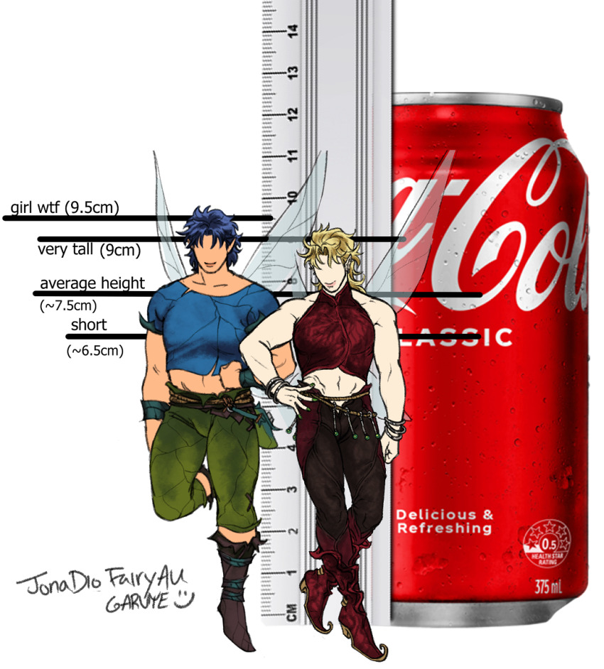 2boys adapted_costume alternate_costume alternate_ears blonde_hair blue_hair boots can coca-cola crop_top cropped_shirt crossover dio_brando disney_fairies_(book_series) disney_fairies_(movie_series) drink_can fairy fairy_wings garuye height height_chart jojo_no_kimyou_na_bouken jonathan_joestar lips long_hair male_focus midriff mini_person miniboy multiple_boys muscular pants phantom_blood plant_clothing pointy_ears ruler shirt smile soda_can stardust_crusaders tall_male wings