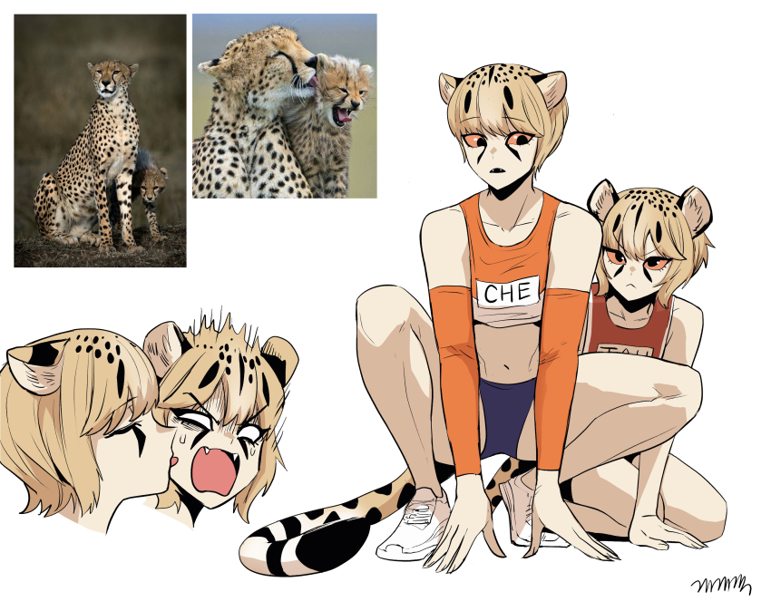 2girls :&lt; absurdres animal_ears black_eyes buruma cheetah cheetah_ears cheetah_girl leopard_print cheetah_tail collarbone colored_sclera creature_and_personification crop_top detached_sleeves disgust facial_mark fangs flat_chest full_body gegegekman hand_on_ground hiding hiding_behind_another highres licking licking_another&#039;s_face looking_at_another midriff multiple_girls multiple_views navel open_mouth orange_sclera orange_sports_bra original personification photo_inset red_sports_bra reference_inset shoes signature sleeveless sneakers sports_bra sportswear squatting stomach surprised white_background white_footwear