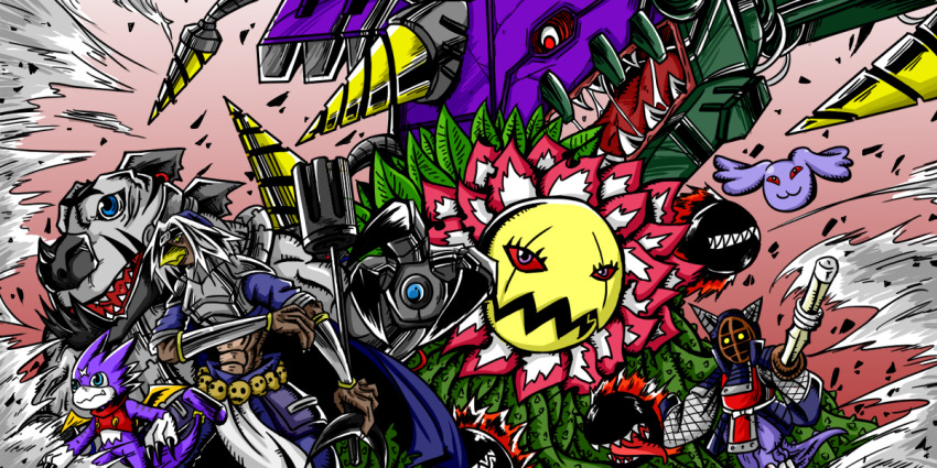 armor beak blossomon digimon digimon_(creature) digimon_xros_wars digimon_xros_wars:_toki_wo_kakeru_shounen_hunter-tachi dragon drill gigabreakdramon gumdramon kappa kotemon metaltyranomon open_mouth pagumon sangomon scar sharp_teeth teeth wings