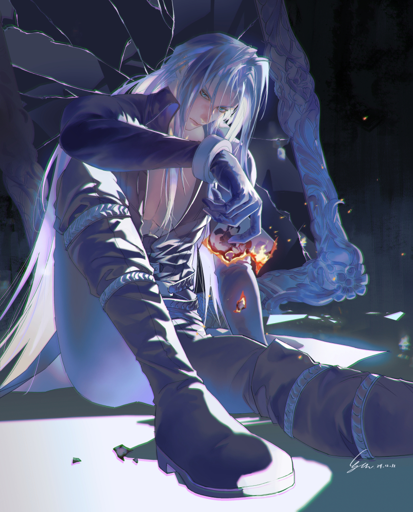 1boy angeal_hewley armor bare_pectorals belt black_belt black_coat black_footwear black_gloves black_pants blue_eyes boots bracer broken_mirror burning chinese_commentary coat commentary_request elbow_rest embers expressionless final_fantasy final_fantasy_vii final_fantasy_vii_remake full_body genesis_rhapsodos gloves grey_hair hair_intakes high_collar highres holding holding_photo knee_boots knee_up long_bangs long_coat long_hair long_sleeves looking_to_the_side male_focus mirror multiple_belts open_clothes open_coat pants parted_bangs pauldrons pectorals photo_(object) sephiroth shoulder_armor signature sitting slit_pupils solo_focus very_long_hair yan_river