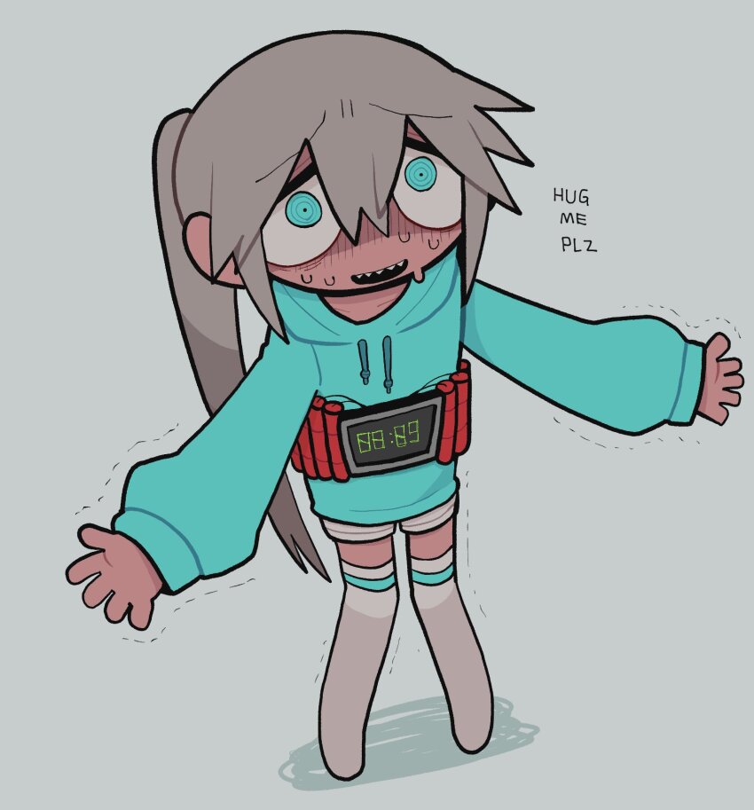 1girl aqua_eyes aqua_hoodie countdown_timer dynamite english_text explosive from_above grey_background grey_hair hair_between_eyes highres hood hood_down hoodie ichika-chan_(iiiichimaru_03) iiiichimaru_03 imminent_suicide long_hair looking_at_viewer looking_up original outstretched_arms ponytail shaded_face shorts sidelocks simple_background solo spread_arms suicide_bomb sweat terrorism thighhighs trembling white_shorts white_thighhighs