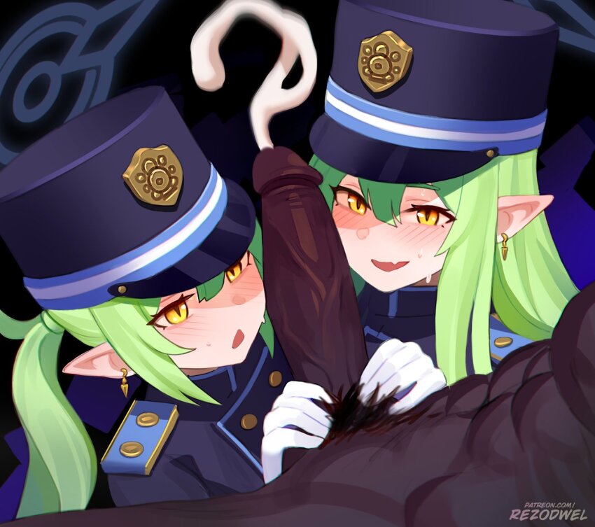 1boy 2girls blue_archive cum dark-skinned_male dark_skin earrings ejaculation erection ffm_threesome gloves grey_hair group_sex hair_between_eyes halo hat hetero hikari_(blue_archive) jewelry long_hair looking_at_penis male_pubic_hair multiple_girls nozomi_(blue_archive) open_mouth peaked_cap penis pointy_ears projectile_cum pubic_hair rezodwel siblings sisters smile threesome twins uncensored white_gloves yellow_eyes