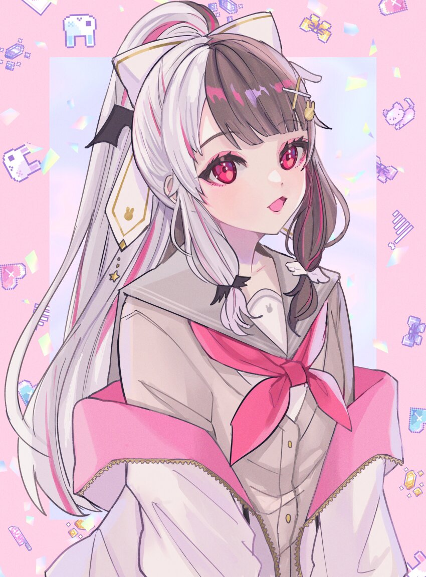 1girl absurdres black_hair bow brown_cardigan cardigan grey_sailor_collar hair_bow hair_ornament high_ponytail highres jacket long_hair multicolored_hair nijisanji open_clothes open_jacket ponytail puka_(hirosikaku) rabbit_hair_ornament sailor_collar school_uniform serafuku smile solo split-color_hair streaked_hair virtual_youtuber white_bow white_hair white_jacket x_hair_ornament yorumi_rena yorumi_rena_(9th_costume)