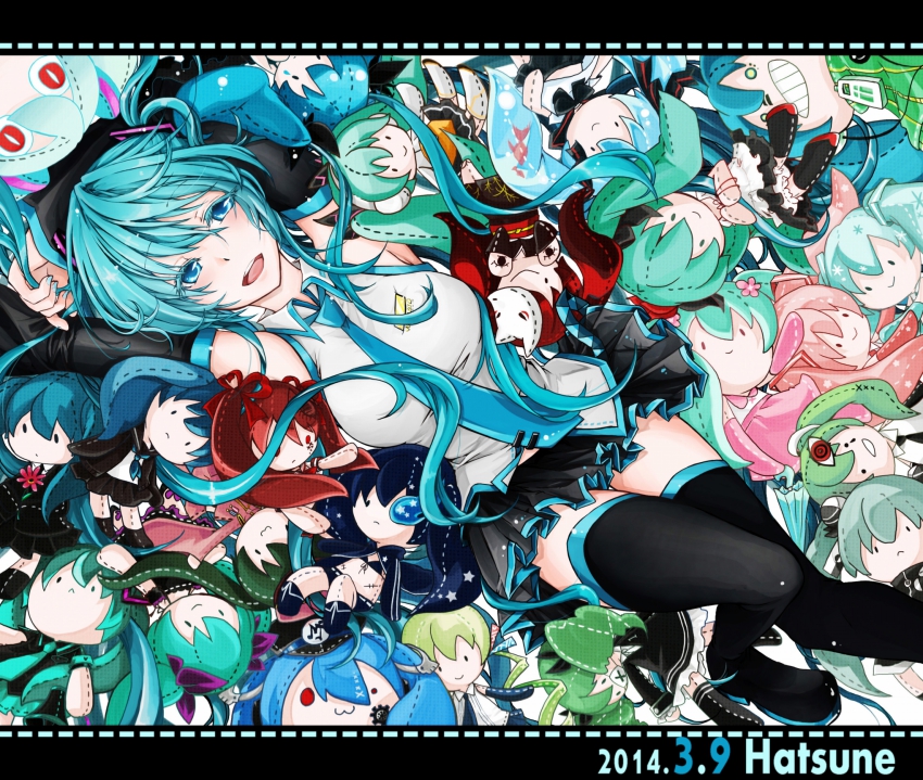 10s 1girl 2014 acute_(vocaloid) aimaina aqua_hair black_rock_shooter blue_eyes boots bottle_miku character_doll character_name dated detached_sleeves female_focus hatsune_miku hatsune_miku_(factory_tyrant) hatsune_miku_(heartbeat) hatsune_miku_(saihate) hatsune_miku_(supreme) highres himitsu_keisatsu_(vocaloid) karakasa_garaku koi_wa_sensou_(vocaloid) letterboxed long_hair matryoshka_(vocaloid) nail_polish necktie nisoku_hokou_(vocaloid) odds_&amp;_ends_(vocaloid) saihate_(vocaloid) saikin_osen_-_bacterial_contamination_-_(vocaloid) sakura_miku senbon-zakura_(vocaloid) shinkai_shoujo_(vocaloid) skirt solo songover thigh_boots thighhighs ura-omote_lovers_(vocaloid) very_long_hair vocaloid world_is_mine_(vocaloid) yuki_miku