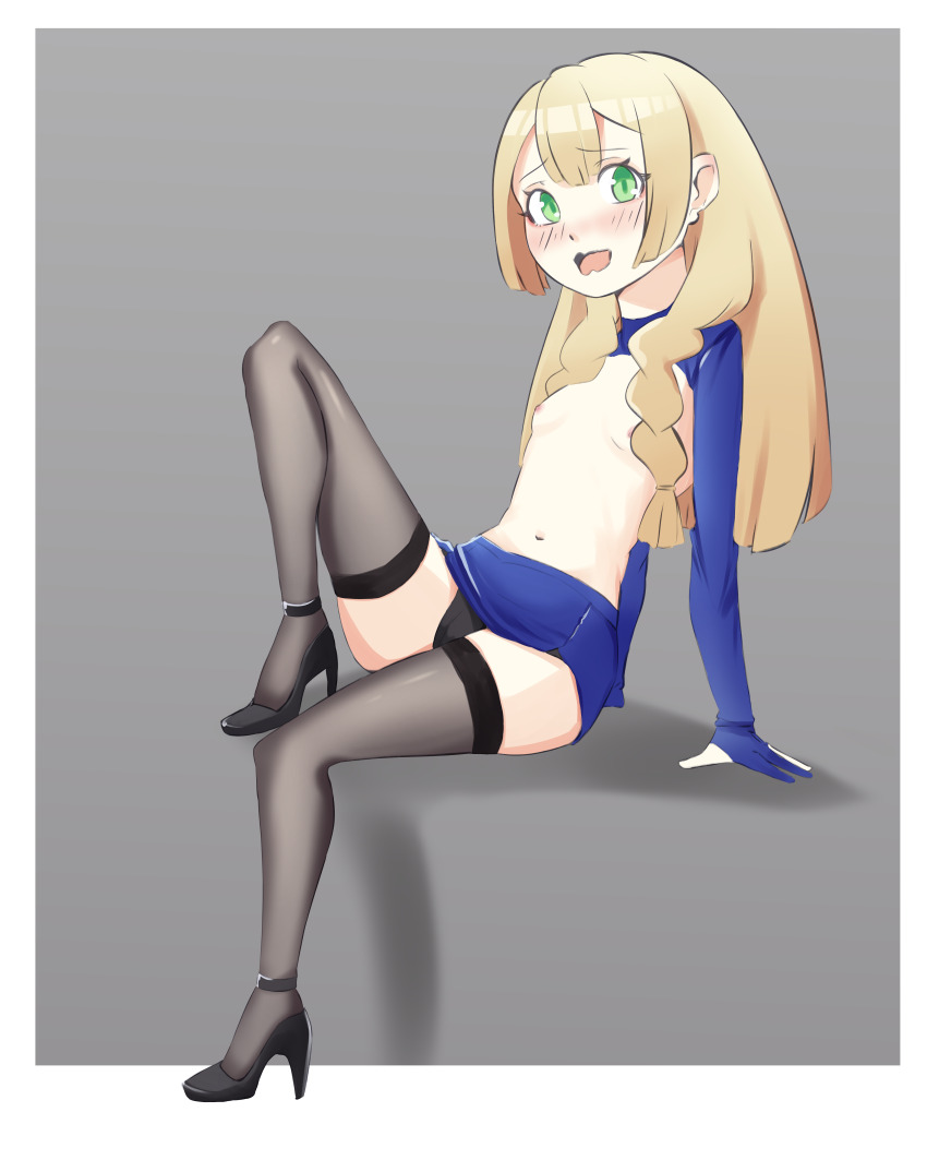 1girl absurdres braid breasts commentary embarrassed english_commentary flat_chest green_eyes high_heels highres lillie_(pokemon) murahanasaki nintendo nipples panties pokemon small_breasts thighhighs topless_female twin_braids underwear
