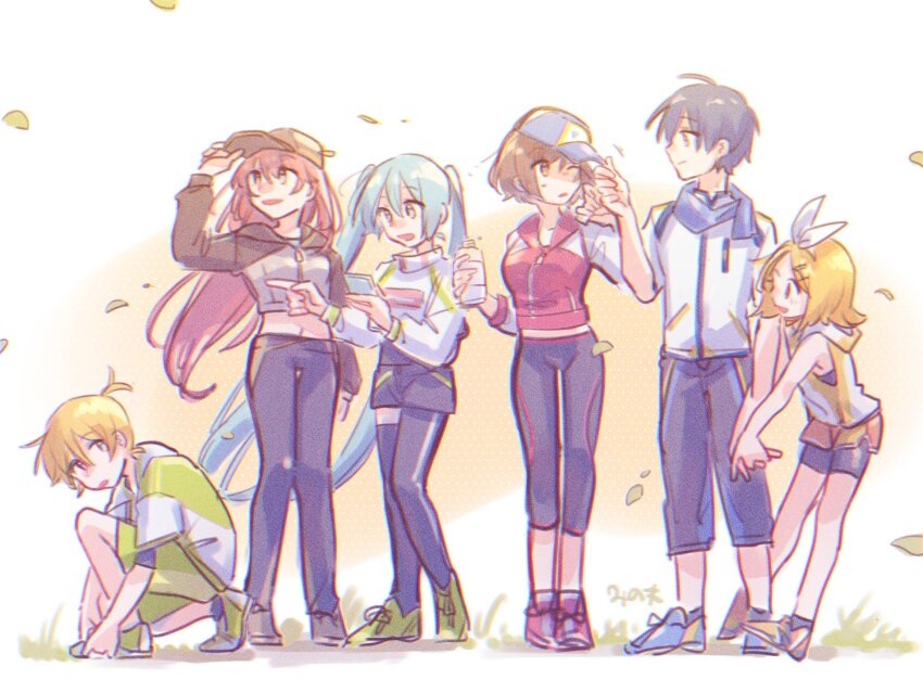 2boys 4girls adapted_costume adjusting_another&#039;s_clothes adjusting_clothes adjusting_headwear aqua_eyes aqua_hair artist_name asymmetrical_legwear bare_arms baseball_cap black_hoodie black_pants black_shorts black_thighhighs blonde_hair blue_eyes blue_hair blue_pants blue_scarf bottle brown_eyes brown_hair commentary crop_top full_body goodsmile_racing grass green_jacket green_shorts grey_headwear grey_jacket hand_up hat hatsune_miku highres holding holding_bottle holding_hands holding_phone hood hooded_jacket hoodie jacket kagamine_len kagamine_rin kaito_(vocaloid) long_hair looking_at_another megurine_luka meiko_(vocaloid) mi_no_take midriff multiple_boys multiple_girls outdoors pants phone pink_hair pointing ponytail racing_miku racing_miku_(2022) red_jacket scarf shoes short_ponytail shorts sleeveless sleeveless_jacket slice_of_life sneakers squatting standing sweatpants symbol-only_commentary thighhighs track_jacket twintails tying_footwear very_long_hair vocaloid white_jacket