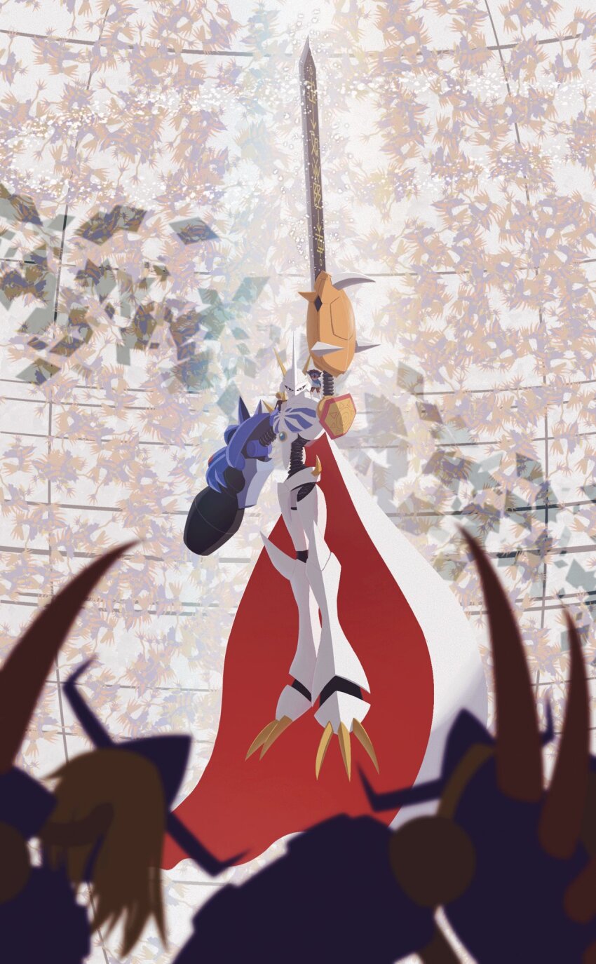 3boys arm_blade arm_cannon armor blonde_hair blurry blurry_background blurry_foreground brown_hair cape clone diablomon digimon digimon_(creature) digimon_adventure digimon_adventure:_bokura_no_war_game highres ishida_yamato multiple_boys multiple_heads mumimushi omegamon red_cape standing_on_shoulder two-sided_cape two-sided_fabric weapon white_armor white_cape yagami_taichi
