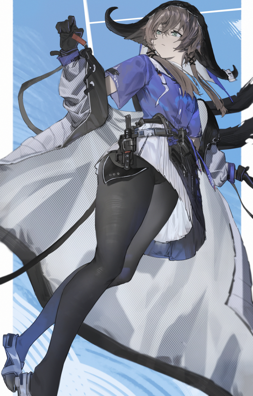 1girl absurdres animal_ears arknights axe belt black_gloves black_pantyhose blue_shirt closed_mouth coat cow_ears cow_horns danzir dutch_angle expressionless gloves green_eyes highres horns long_sleeves looking_to_the_side miniskirt open_clothes open_coat pallas_(arknights) pantyhose pleated_skirt shirt skirt solo standing striped_coat upskirt veil vertical-striped_coat white_coat white_skirt