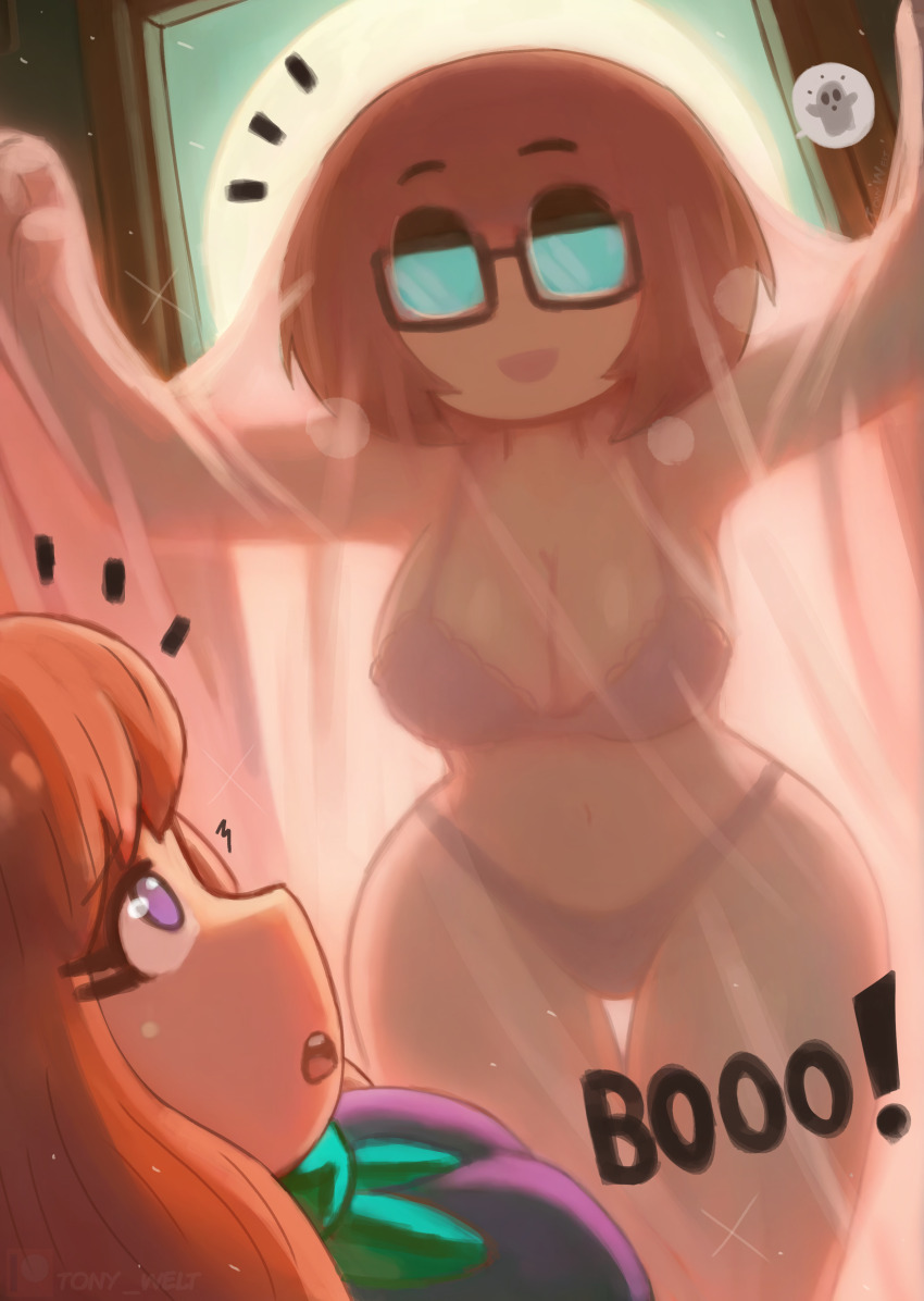 2girls absurdres blush bra breasts brown_hair cleavage daphne_blake doorway dress ghost_costume glasses green_neckerchief halloween halloween_costume hanna-barbera highres lace lace-trimmed_bra lace_trim large_breasts long_hair lying multiple_girls navel neckerchief open_mouth orange_hair panties purple_bra purple_dress purple_eyes purple_panties scooby-doo sheet_ghost short_hair smile sparkle speech_bubble spoken_ghost standing surprised teeth thick_thighs thighs tony_welt underwear velma_dinkley wide_hips