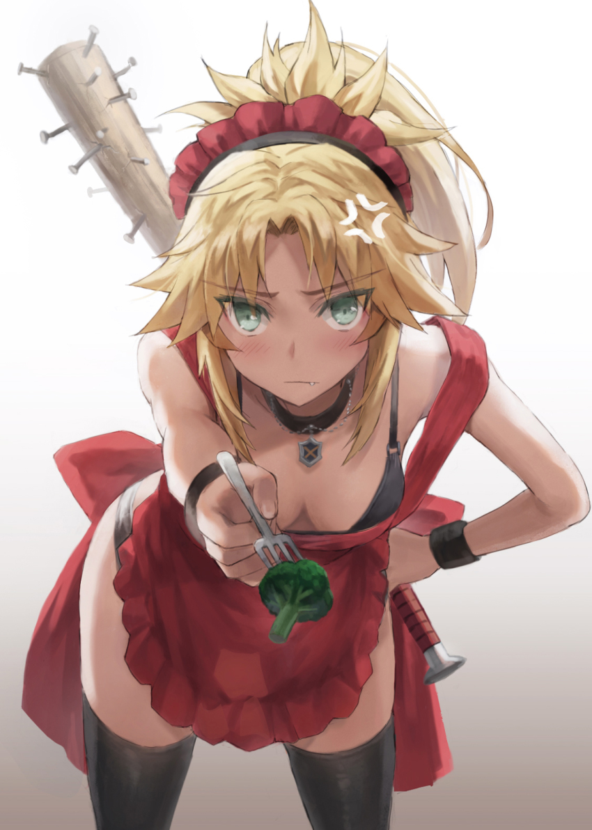 1girl alternate_costume anger_vein baseball_bat blonde_hair blush braid breasts broccoli closed_mouth fate/apocrypha fate_(series) fork green_eyes hair_ornament hair_scrunchie hand_on_own_hip highres leaning_forward long_hair looking_at_viewer maid_headdress mordred_(fate) mordred_(fate/apocrypha) nail nail_(hardware) nail_bat parted_bangs ponytail scrunchie sidelocks small_breasts smile solo spiked_bat thighhighs tonee