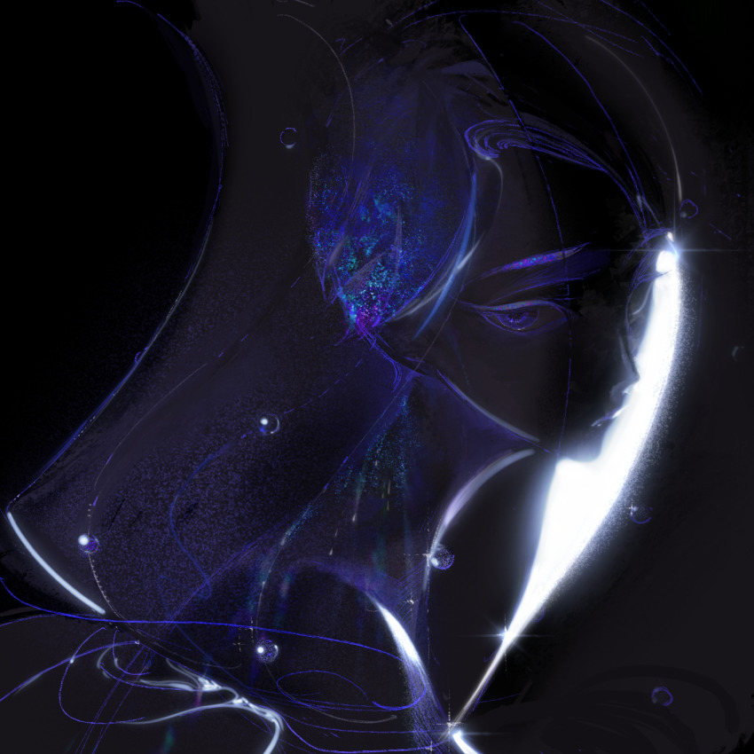 1other androgynous backlighting beads black_background black_skin blue_eyes blue_hair blue_theme cairngorm_(houseki_no_kuni) colored_skin crystal_hair curtains from_side gem highres houseki_no_kuni looking_at_viewer looking_to_the_side mitus moon_uniform_(houseki_no_kuni) other_focus pearl_(gemstone) portrait see-through_clothes short_hair sideways_glance solo veil