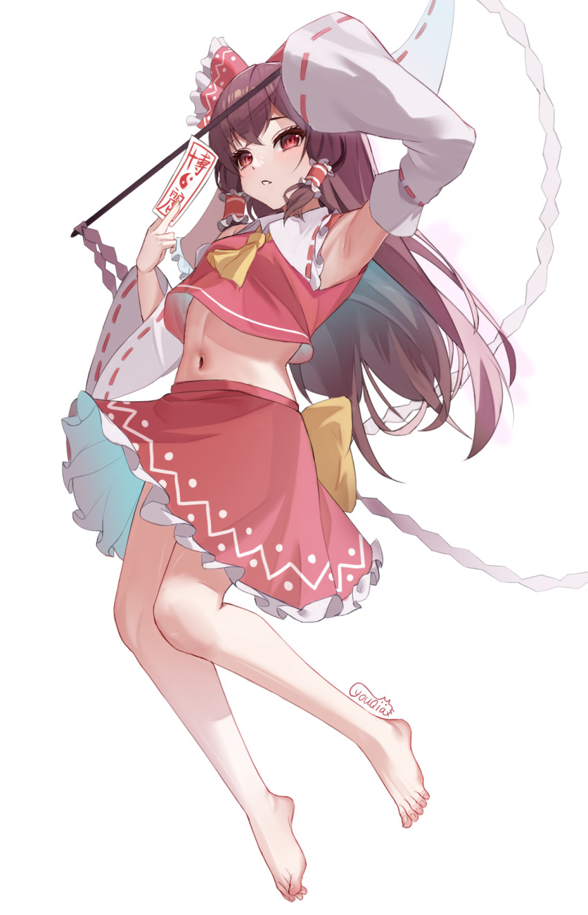 1girl :o arm_up armpits ascot bare_legs barefoot bow brown_hair commentary cropped_shirt detached_sleeves fingernails frilled_bow frilled_hair_tubes frills full_body gohei hair_bow hair_tubes hakurei_reimu highres holding holding_gohei holding_ofuda japanese_clothes linea_alba long_hair midriff miko navel red_eyes red_shirt red_skirt shirt sidelocks signature simple_background skirt sleeveless sleeveless_shirt solo straight_hair toenails toes touhou very_long_hair white_background yellow_ascot youqia