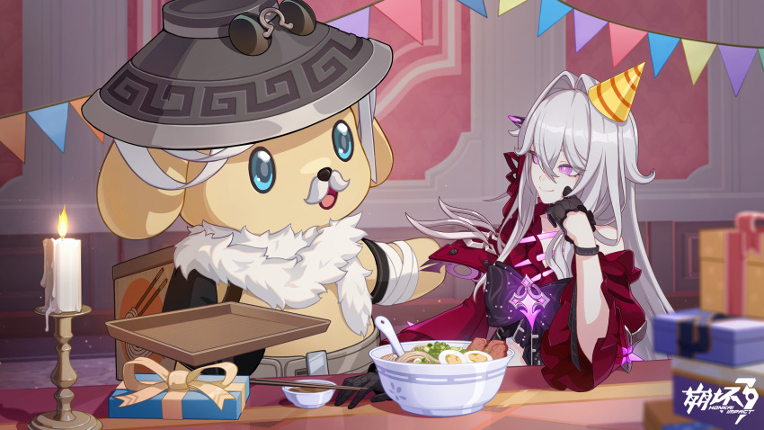 1girl arm_support black_gloves bright_pupils closed_mouth dress food game_cg gloves grey_hair hat highres honkai_(series) honkai_impact_3rd indoors long_hair long_sleeves looking_at_another noodles official_art party_hat pink_eyes ramen red_dress sitting smile songque songque_(astralop) thelema_nutriscu thelema_nutriscu_(mad_pleasure:_shadowbringer) white_pupils wide_sleeves