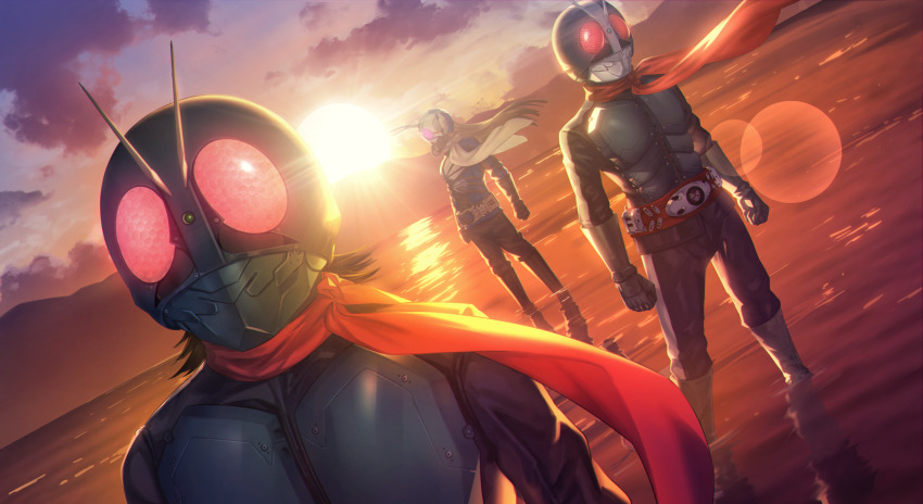 3boys absurdres antennae armor belt black_coat black_hair boots bug coat compound_eyes full_body gloves glowing glowing_eyes grasshopper green_armor green_helmet hair_lift helmet highres honeycomb_(pattern) honeycomb_print in_water insect kamen_rider kamen_rider_0 kamen_rider_1 kamen_rider_1_(shin) kamen_rider_2 kamen_rider_2_(shin) long_hair male_focus multiple_boys purple_eyes red_eyes red_scarf rider_belt scarf shin_kamen_rider short_hair sunset tokusatsu white_hair white_helmet y.m