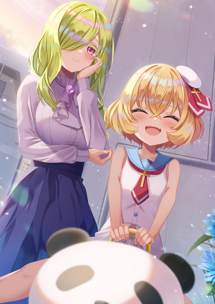 2girls ^_^ absurdres arm_under_breasts ascot bare_legs belt blonde_hair blue_flower blue_sailor_collar blue_skirt breasts brooch child closed_eyes collarbone colored_eyelashes cross crossed_bangs dot_nose facing_viewer flower green_hair hair_between_eyes hair_over_one_eye hand_on_own_cheek hand_on_own_face head_hold high-waist_skirt highres holding indoors jashin-chan_dropkick jewelry kiddie_ride large_breasts latin_cross lens_flare lierre light_blush light_particles light_rays long_hair long_skirt looking_at_viewer matsumoto_yuu multiple_girls navel necktie open_mouth panda persephone_(jashin-chan_dropkick) pink_eyes purple_shirt red_necktie sailor_collar shirt short_hair short_necktie sidelocks skirt sleeveless sleeveless_shirt smile sunbeam sunlight teeth upper_teeth_only wavy_hair white_ascot white_belt white_shirt
