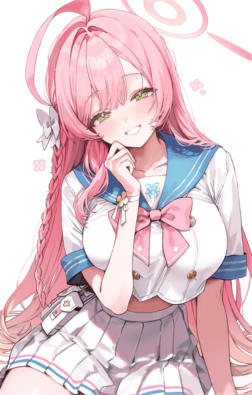 1girl absurdres ahoge blue_archive blue_sailor_collar bow braid breasts collarbone commentary_request freng green_eyes hair_bow halo hanako_(blue_archive) highres large_breasts long_hair looking_at_viewer midriff pink_hair pink_halo pleated_skirt sailor_collar school_uniform short_sleeves simple_background single_braid sitting skirt smile solo thighs white_background white_bow white_skirt