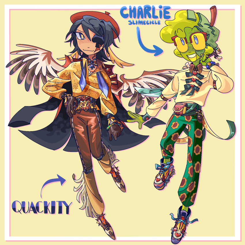 2boys alienssstufff alternate_costume arrow_(symbol) beret bird_boy bird_wings blue_eyes blue_necktie border brown_coat brown_footwear brown_gloves brown_pants brown_wings burn_scar character_name coat colored_skin commentary corset dream_smp duck_boy english_commentary english_text feathered_wings floral_print flower friendship_bracelet fringe_trim full_body glasses gloves green_hair green_pants green_skin hand_on_own_hip hand_up hat hat_ribbon head_wings heart highres holding holding_sword holding_weapon long_sleeves looking_at_viewer loose_necktie male_focus minecraft_youtube monster_boy multicolored_footwear multiple_boys necktie open_clothes open_coat open_mouth oxfords pants print_pants print_shirt quackity red_hat ribbon scar shiny_clothes shirt shoes short_hair slime_(substance) slime_boy slimecicle smile sneakers spade_(shape) spurs standing standing_on_one_leg stick sunflower sword tan weapon white_border white_shirt wings yellow_background yellow_pupils yellow_shirt