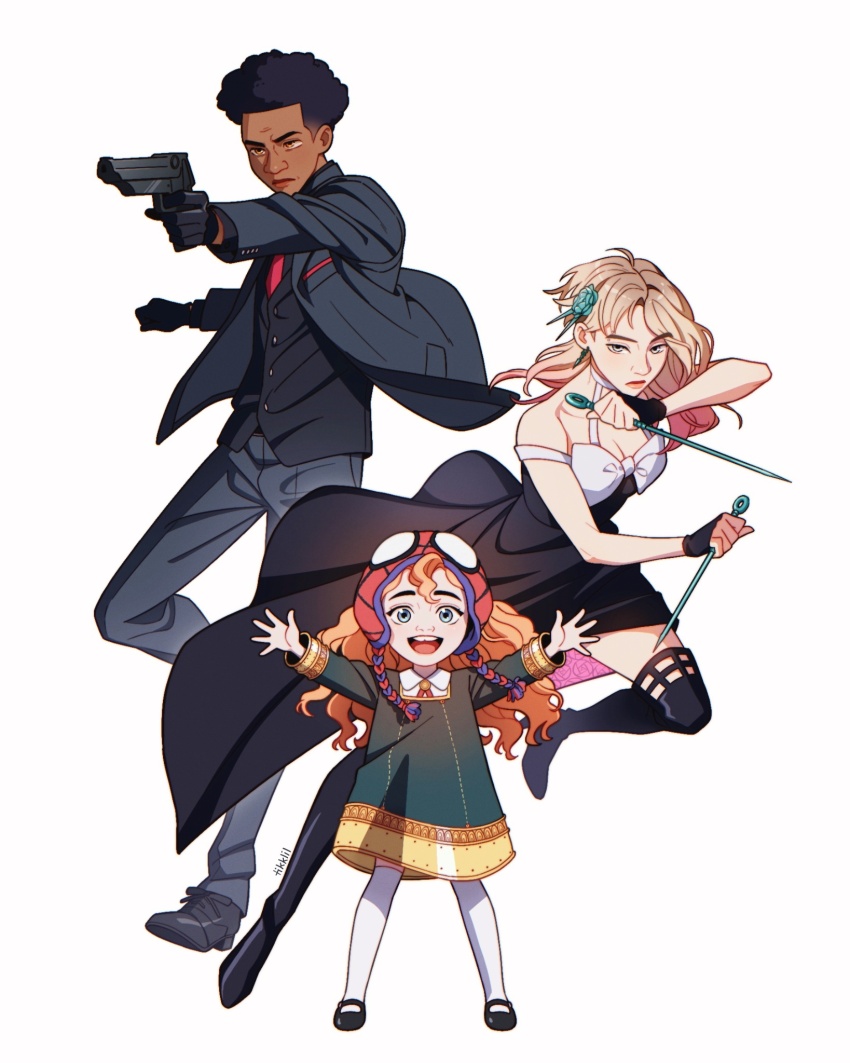 1boy 2girls adapted_costume anya_(spy_x_family) anya_(spy_x_family)_(cosplay) black_dress black_hair blonde_hair brown_hair cosplay dagger dark-skinned_male dark_skin dress gun gwen_stacy handgun highres holding holding_dagger holding_knife holding_weapon knife marvel mayday_parker miles_morales multiple_girls outstretched_arms serious simple_background smile spider-man:_across_the_spider-verse spider-man_(series) spider-verse spy_x_family thighhighs tikklil twilight_(spy_x_family) twilight_(spy_x_family)_(cosplay) weapon yor_briar yor_briar_(cosplay)