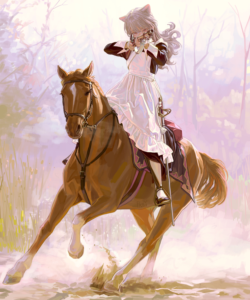 1girl aiming animal_ears antique_firearm apron artist_name black_shoes bridle brown_horse cat_ears cat_girl commentary extra_ears feiqizi_(fkey) firearm firelock fkey flintlock fog grey_hair gun highres holding holding_gun holding_weapon horse horseback_riding long_hair looking_at_viewer maid maid_apron mary_janes original outdoors pantyhose riding saber_(weapon) saddle shoes solo stirrups_(riding) sword symbol-only_commentary weapon white_apron white_pantyhose
