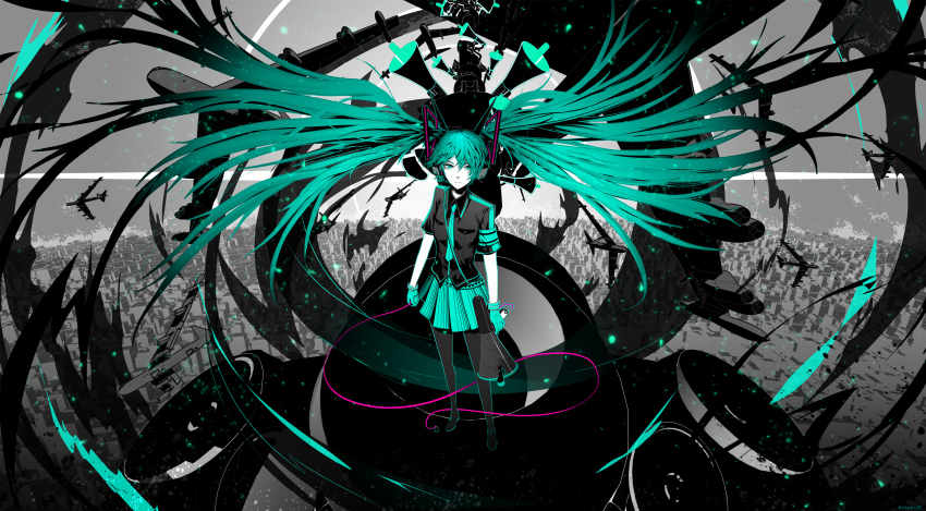 1girl aircraft airplane aqua_hair arsenixc b-52_stratofortress bomber cable closed_eyes female_focus gloves hatsune_miku heavy_bomber highres holding koi_wa_sensou_(vocaloid) long_hair megaphone military military_vehicle necktie pantyhose penetrator_(aircraft) revision skirt solo speaker strategic_bomber tower very_long_hair vocaloid