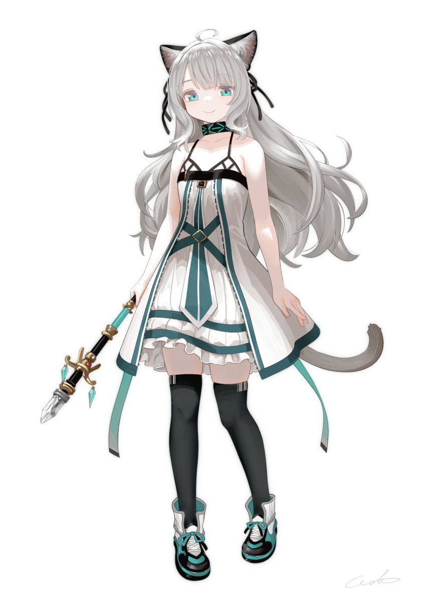 1girl absurdres ahoge animal_ear_fluff animal_ears aqua_eyes arknights bare_arms bare_shoulders black_ribbon black_thighhighs breasts cat_ears cat_girl cat_tail choker closed_mouth collarbone commentary dress frilled_dress frills full_body green_shoes grey_hair hair_ribbon highres holding holding_staff infection_monitor_(arknights) long_hair looking_at_viewer mint_(arknights) no_jacket ribbon shoes short_dress signature simple_background sleeveless sleeveless_dress small_breasts smile sneakers solo spaghetti_strap staff standing swept_bangs tail thighhighs welt_(kinsei_koutenkyoku) white_background white_dress