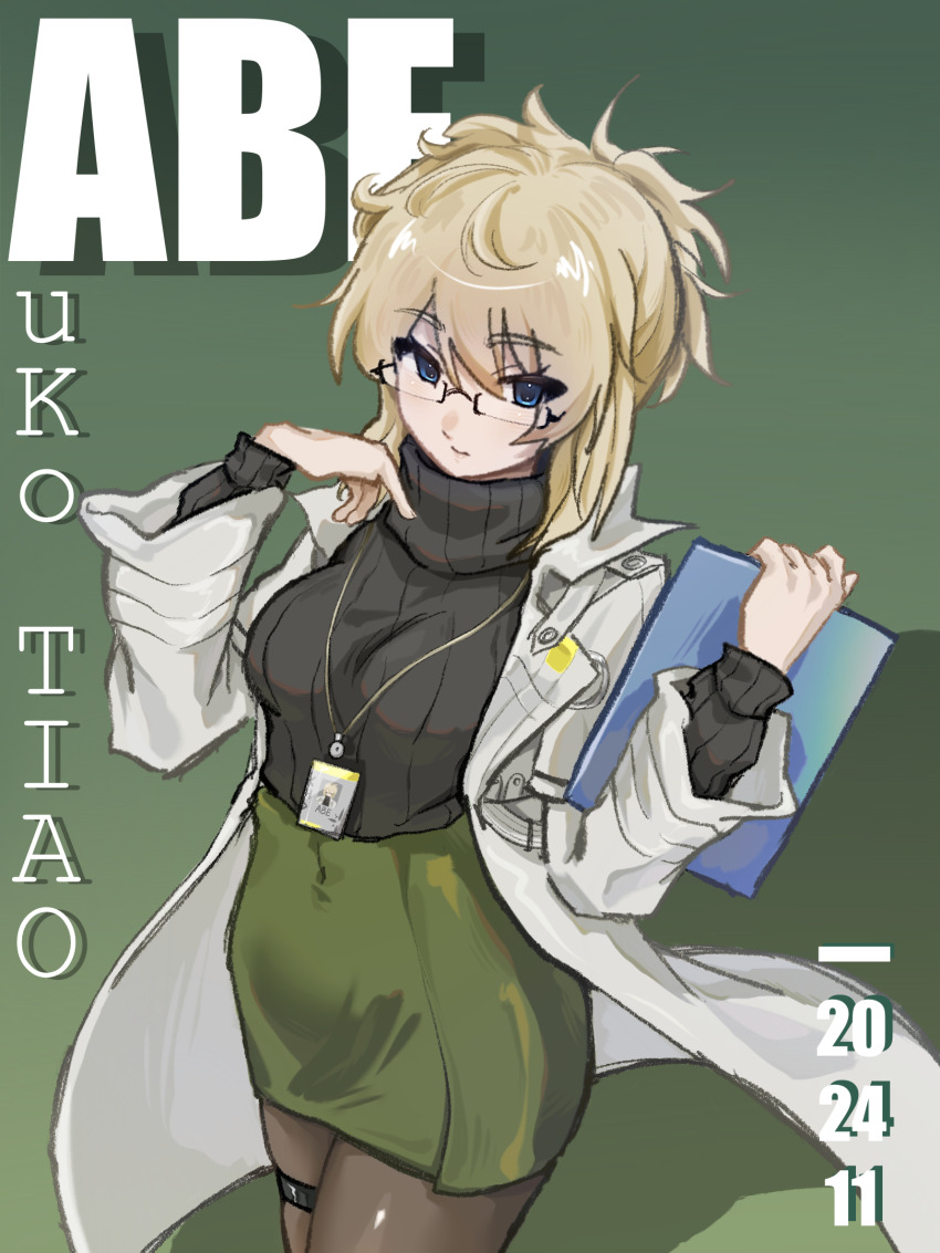 2024 abe_(nikke) arm_up artist_name black_pantyhose black_sweater blonde_hair blue_eyes breasts character_name clipboard coat collared_coat commentary dated english_text from_above goddess_of_victory:_nikke gradient_background green_background green_skirt hair_between_eyes highres holding holding_clipboard id_card lab_coat long_bangs long_hair long_sleeves looking_to_the_side medium_breasts messy_hair pantyhose pencil_skirt rectangular_eyewear shadow skirt striped_clothes striped_sweater sweater thigh_strap turtleneck turtleneck_sweater uko_tiao white_coat wool