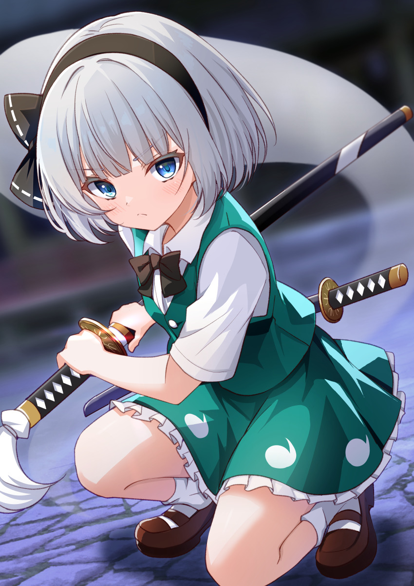 1girl absurdres battoujutsu_stance black_hairband blue_eyes brown_shoes fighting_stance green_skirt green_vest grey_hair hairband highres konpaku_youmu konpaku_youmu_(ghost) looking_at_viewer mary_janes miniskirt ready_to_draw sheath sheathed shirt shoes short_hair short_sleeves skirt solo squatting sword toketa-sekai touhou vest weapon white_shirt