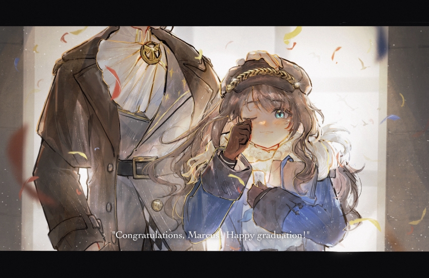 2girls ;) absurdres ascot belt blue_coat blue_eyes book brown_belt brown_coat brown_gloves brown_hair newsboy_cap coat collared_shirt confetti dress english_text gloves greta_hofmann grey_hair grey_jacket hand_in_pocket hand_up hands_up happy_tears hat head_out_of_frame headpat height_difference highres holding holding_book jacket long_hair looking_at_viewer mangxia_xiang_chi_mangguo marcus_(reverse:1999) multiple_girls one_eye_closed reverse:1999 scarf shirt smile tearing_up tears upper_body white_ascot white_dress white_scarf white_shirt wiping_tears