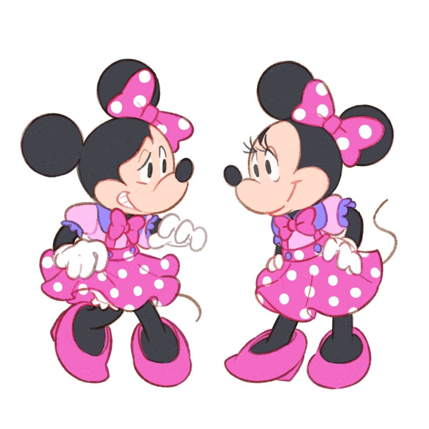 1boy 1girl bow crossdressing dress gloves hair_bow highres humanization mickey_mouse mickey_mouse_&amp;_friends mickey_mouse_ears minnie_mouse mouse_boy mouse_girl polka_dot polka_dot_bow short_hair smile takatmaorange white_gloves