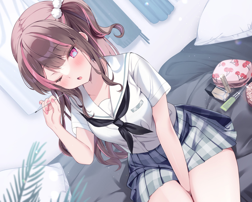 1girl :o absurdres bag bed bed_sheet between_legs bluhs blurry bottle brown_hair collarbone curtains depth_of_field ebihara_beniko grey_skirt hair_bobbles hair_ornament hand_between_legs handbag highres holding indoors long_hair looking_at_viewer multicolored_hair non-web_source on_bed one_eye_closed open_mouth original perfume_bottle pillow pink_eyes pink_hair pleated_skirt sailor_collar school_uniform shirt sidelocks sitting skirt solo streaked_hair thighs two-tone_hair white_sailor_collar white_shirt
