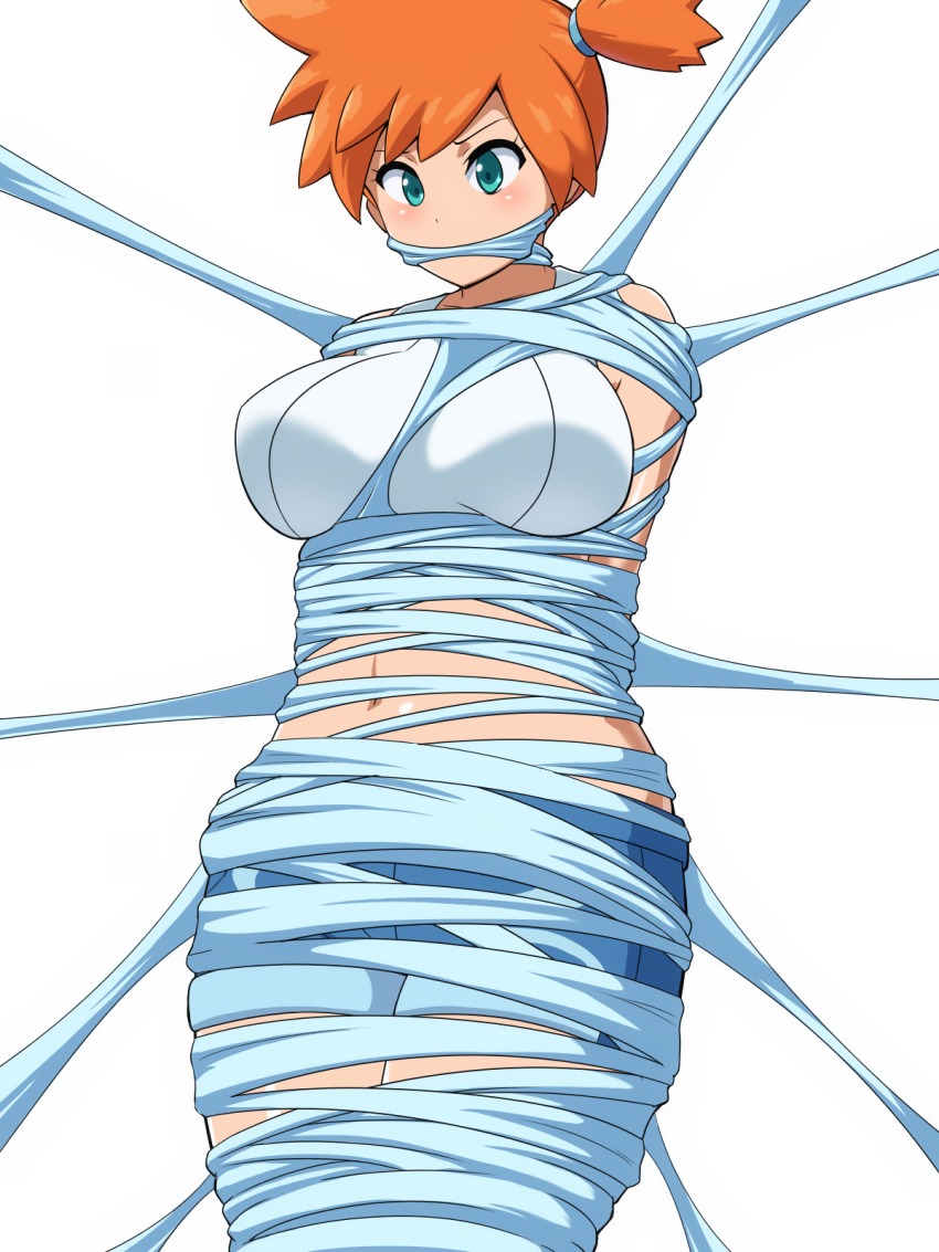 1girl bare_shoulders bdsm blue_eyes blue_shorts blush bondage bound breasts collarbone crop_top denim denim_shorts female_focus gagged hair_tie highres kerriaria large_breasts legs_together midriff misty_(pokemon) navel nintendo orange_hair pokemon pokemon_lgpe shiny_skin shirt short_hair short_shorts shorts side_ponytail silk simple_background sleeveless sleeveless_shirt solo standing white_background white_shirt