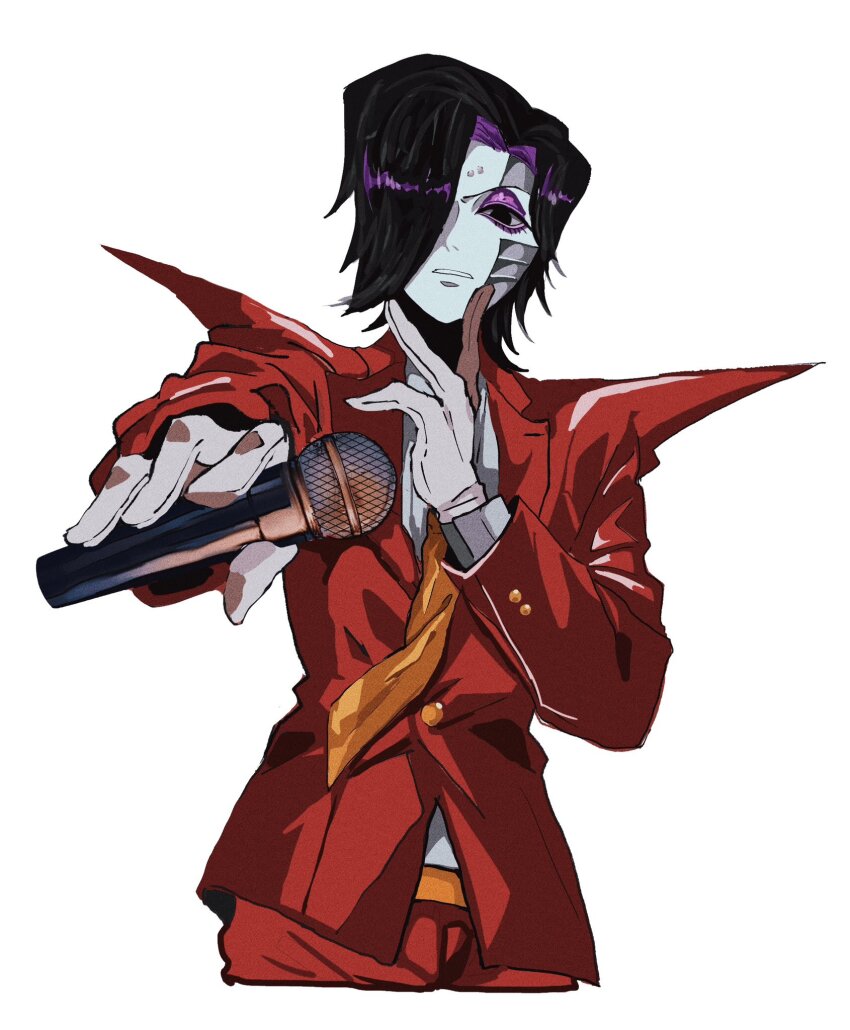 1boy android black_eyes black_hair buttons clenched_teeth collared_shirt commentary_request cropped_legs empty_eyes eyeshadow film_grain finger_to_own_chin foreshortening gloves hair_over_one_eye highres holding holding_microphone layered_sleeves ma_e_zo makeup male_focus mettaton mettaton_ex microphone necktie no_pupils official_alternate_costume one_eye_covered orange_necktie pants purple_eyeshadow reaching reaching_towards_viewer red_pants shirt short_hair simple_background solo standing sweat teeth undertale utdr_(toby_fox) v-shaped_eyebrows white_background white_gloves white_shirt