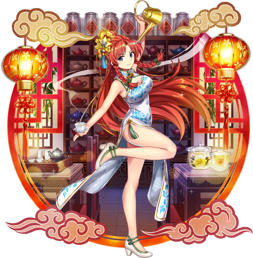 1girl alternate_costume blue_eyes bottle bow braid breasts china_dress chinese_clothes cleavage cleavage_cutout closed_mouth clothing_cutout cup decantering dragon_hair_ornament dress game_cg green_bow hair_ornament high_heels highres holding holding_cup holding_kettle hong_meiling hong_meiling_(white_rainbow_gatekeeper) indoors kettle lantern large_breasts leg_up long_hair looking_at_viewer official_art paper_lantern pouring red_hair rotte_(1109) shelf shoes side_braids side_slit sleeveless sleeveless_dress smile solo sparkle standing tassel teacup teapot thighs third-party_source touhou touhou_lostword translation_request transparent_background twin_braids very_long_hair white_dress white_shoes