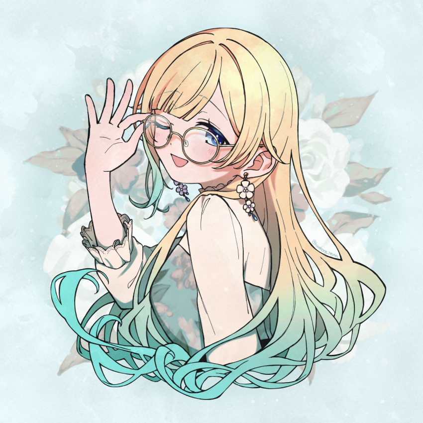 1girl adjusting_eyewear aizawa_ema aizawa_ema_(3rd_costume) belt blonde_hair blue_eyes blue_nails blunt_bangs breasts dress earrings fingernails floral_print flower_earrings glasses gradient_hair hair_flaps hair_ornament half-sleeves haremoto highres jewelry lace-trimmed_collar lace-trimmed_sleeves lace_trim light_blush long_hair looking_at_viewer multicolored_hair nail_polish one_eye_closed open_mouth parted_bangs smile solo twitter_username upper_body virtual_youtuber vspo!