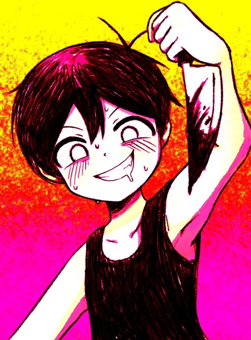 1boy antenna_hair arm_up black_tank_top blood bloody_knife blush colored_skin drooling highres holding holding_knife knife looking_at_viewer male_focus mewowem_omo mouth_drool official_alternate_eye_color omori omori_(omori) short_hair smile solo sweat tank_top teeth white_skin