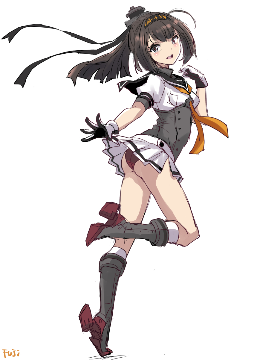 1girl akizuki_(kancolle) ass black_hair black_headband black_sailor_collar commentary_request corset fuji_(pixiv24804665) full_body gloves grey_eyes headband highres kantai_collection long_hair looking_at_viewer looking_back multicolored_gloves neckerchief orange_neckerchief panties ponytail red_panties rudder_footwear running sailor_collar school_uniform serafuku simple_background skirt smile solo two-tone_gloves underwear wedgie white_background white_skirt