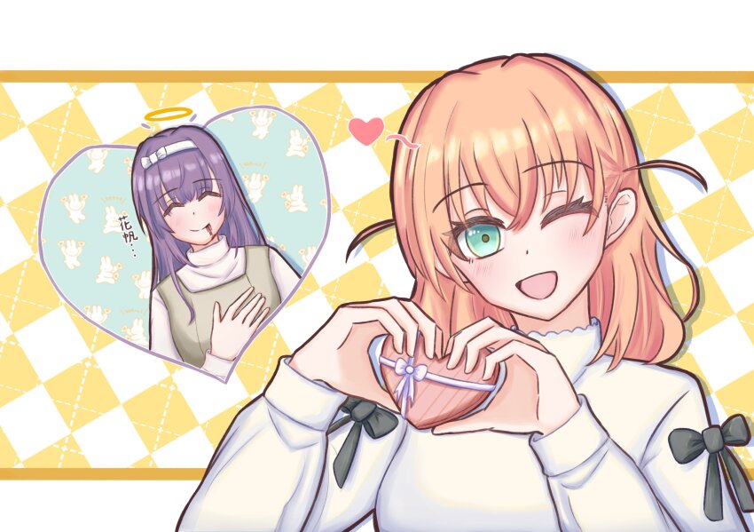2girls ;d ^_^ black_bow blood blood_from_mouth blush bow box checkered_background closed_eyes commentary dress gift green_dress hairband halo heart heart-shaped_box heart_hands highres hikari863126 hinoshita_kaho hinoshita_kaho_(first_date) holding holding_gift letterboxed link!_like!_love_live! long_sleeves looking_at_viewer love_live! multiple_girls one_eye_closed open_mouth orange_hair otomune_kozue otomune_kozue_(first_date) outside_border pinafore_dress purple_hair sleeveless sleeveless_dress smile sweater traditional_halo two_side_up white_hairband white_sweater yellow_background yellow_halo