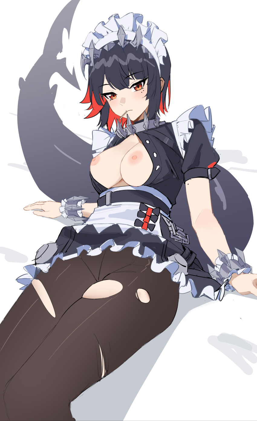 1girl absurdres black_dress black_hair black_pantyhose breasts breasts_out colored_inner_hair dress ellen_joe fins fish_tail fled highres large_breasts maid maid_headdress multicolored_hair nipples orange_eyes pantyhose shark_girl shark_tail short_hair tail torn_clothes torn_pantyhose two-tone_hair white_background wrist_cuffs zenless_zone_zero