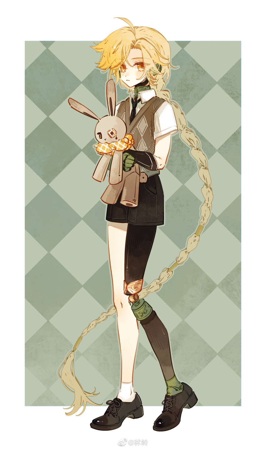 1boy :&lt; absurdly_long_hair absurdres aged_down ahoge argyle_background argyle_clothes argyle_sweater_vest black_necktie black_shoes black_shorts blonde_hair border braid brown_sweater closed_mouth collared_shirt crab_in_orange_(the_tale_of_food) cross-laced_shoes curtained_hair dress_shoes gloves green_background hair_tubes highres holding holding_stuffed_toy long_hair looking_at_viewer male_focus mechanical_arms necktie outside_border robot_ears shirt shoes short_shorts short_sleeves shorts shuling single_braid single_glove single_mechanical_arm single_sock socks solo standing stuffed_animal stuffed_rabbit stuffed_toy sweater sweater_vest swept_bangs the_tale_of_food very_long_hair watermark weibo_watermark white_border white_shirt white_socks
